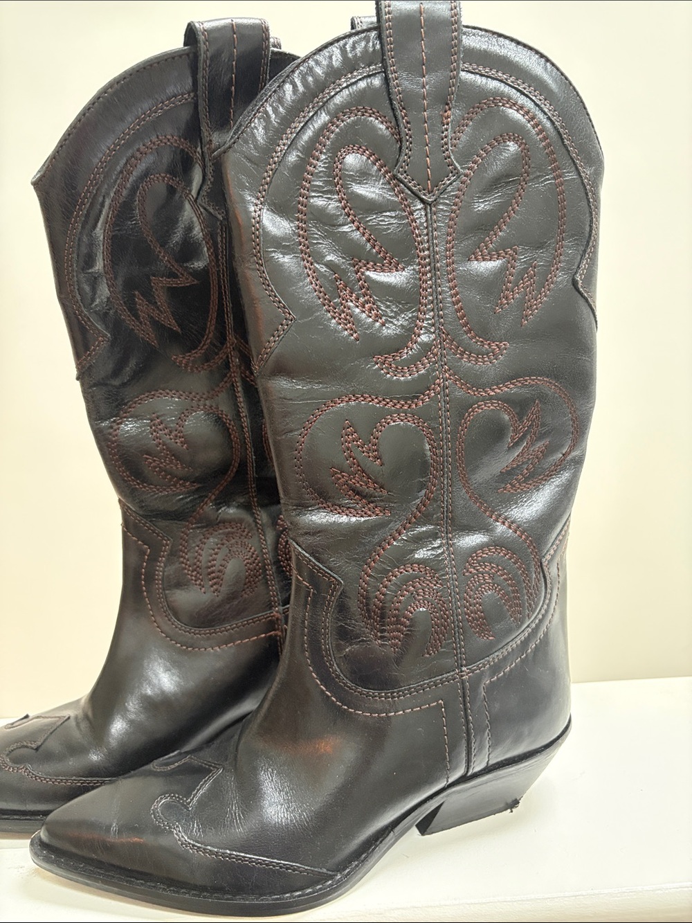 Zara Black Leather Western Heeled Boots with Brown Stitching